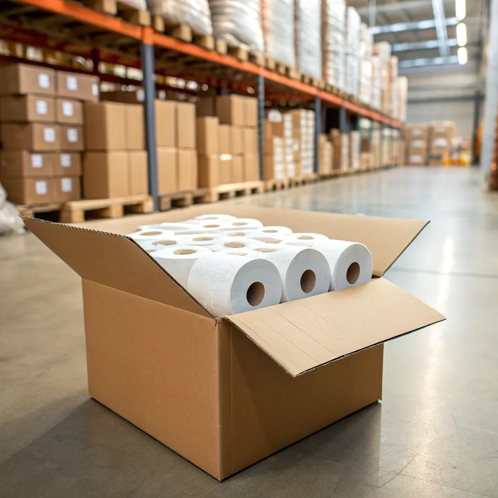 Open cardboard box containing toilet paper rolls in a warehouse, with shelves of stacked boxes and pallets in the background.