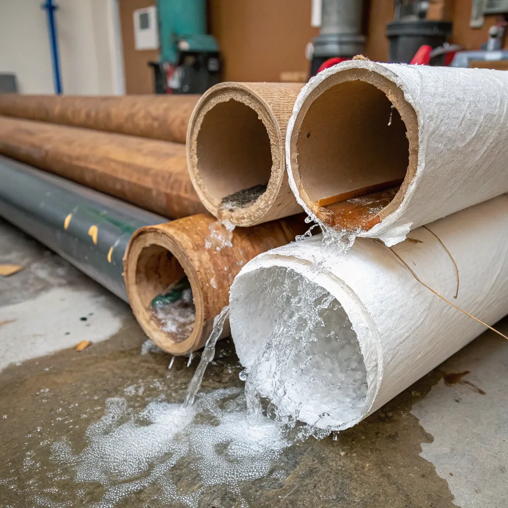 Various pipes with water leaking out onto the floor, showcasing damage and potential repair needs.