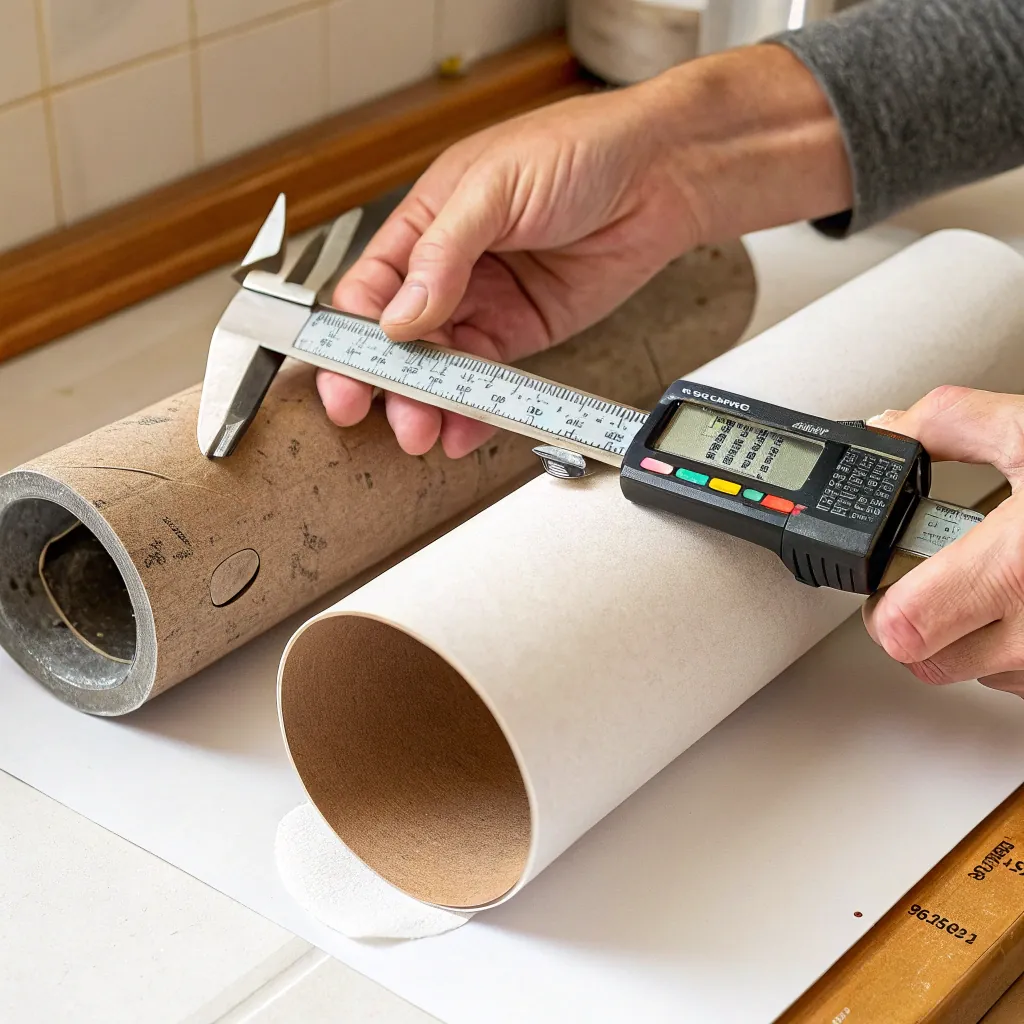 Hands using a caliper to measure the diameter of a cylindrical object with a digital display.