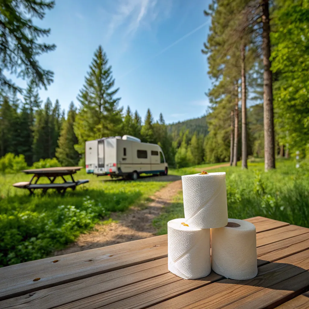 Three paper towel rolls stacked on a picnic table outdoors with an RV and forest in the background.
