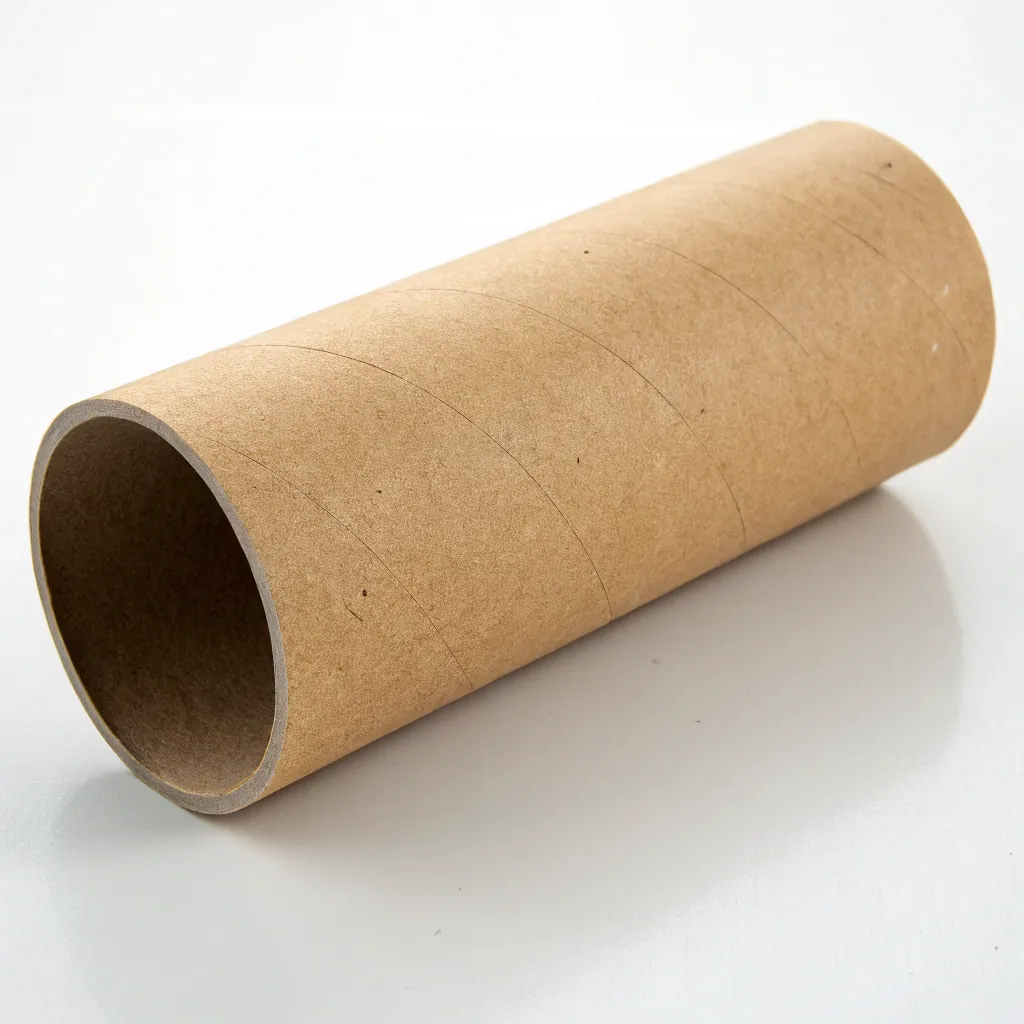 An empty cardboard tube lying on a white surface, showing its cylindrical shape and brown paper texture.