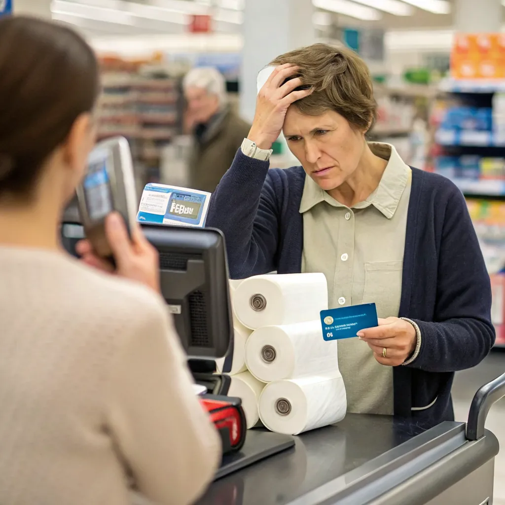 A customer at a store checkout holding a card, looking concerned, with paper towels stacked nearby.