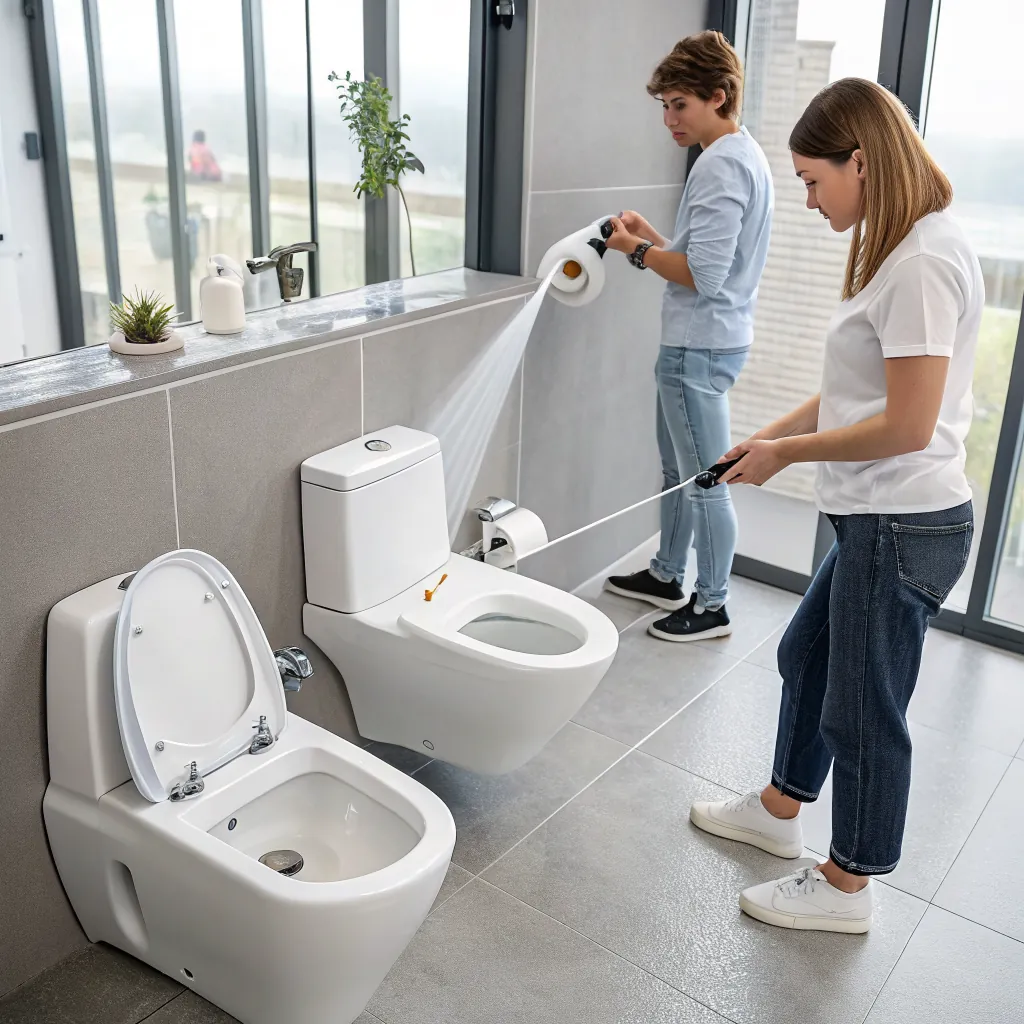 Two people cleaning a bathroom with modern toilets and fixtures