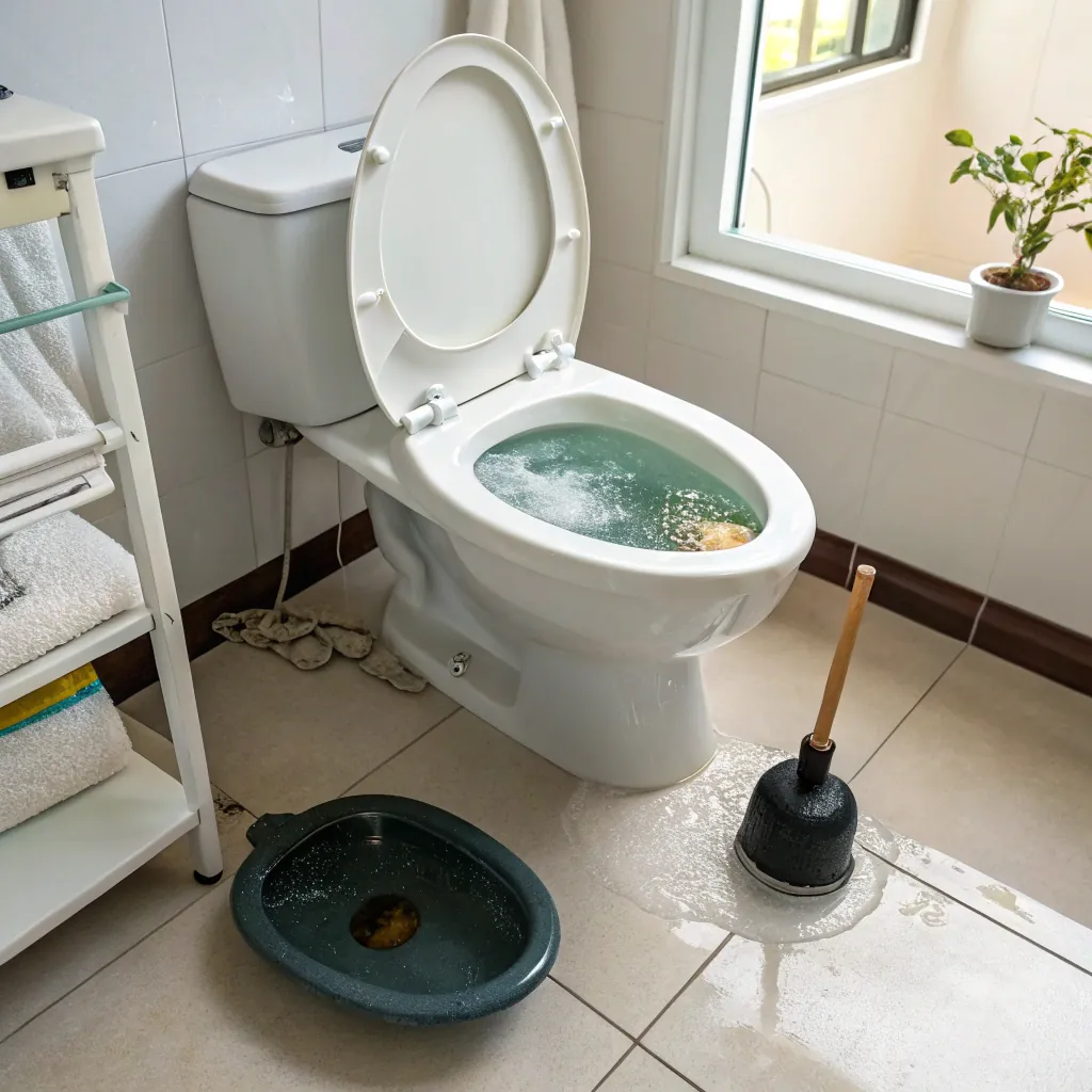 Bathroom scene with an overflowing toilet spilling water onto the floor. A plunger and bucket are nearby, indicating a clog.