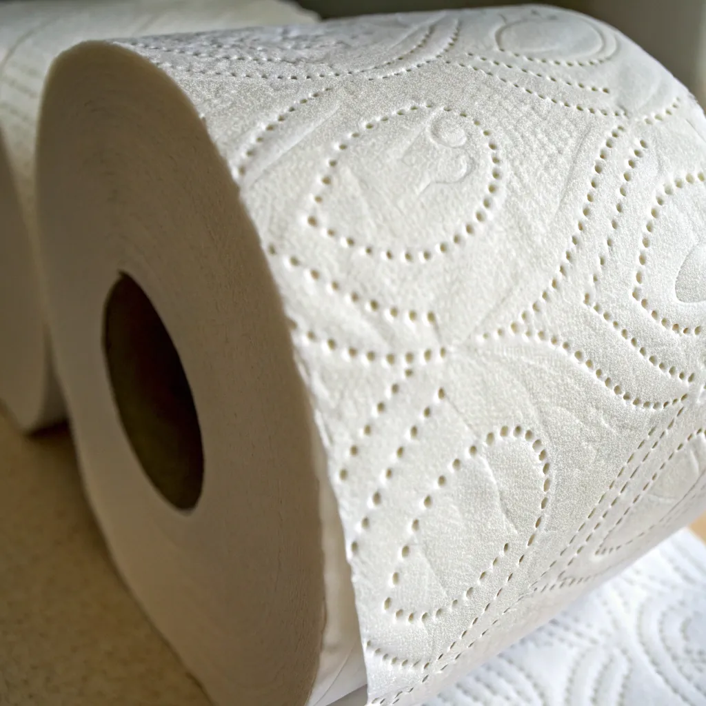 Close-up view of a toilet paper roll with embossed pattern, showing textured detail. The roll is positioned on a textured surface.