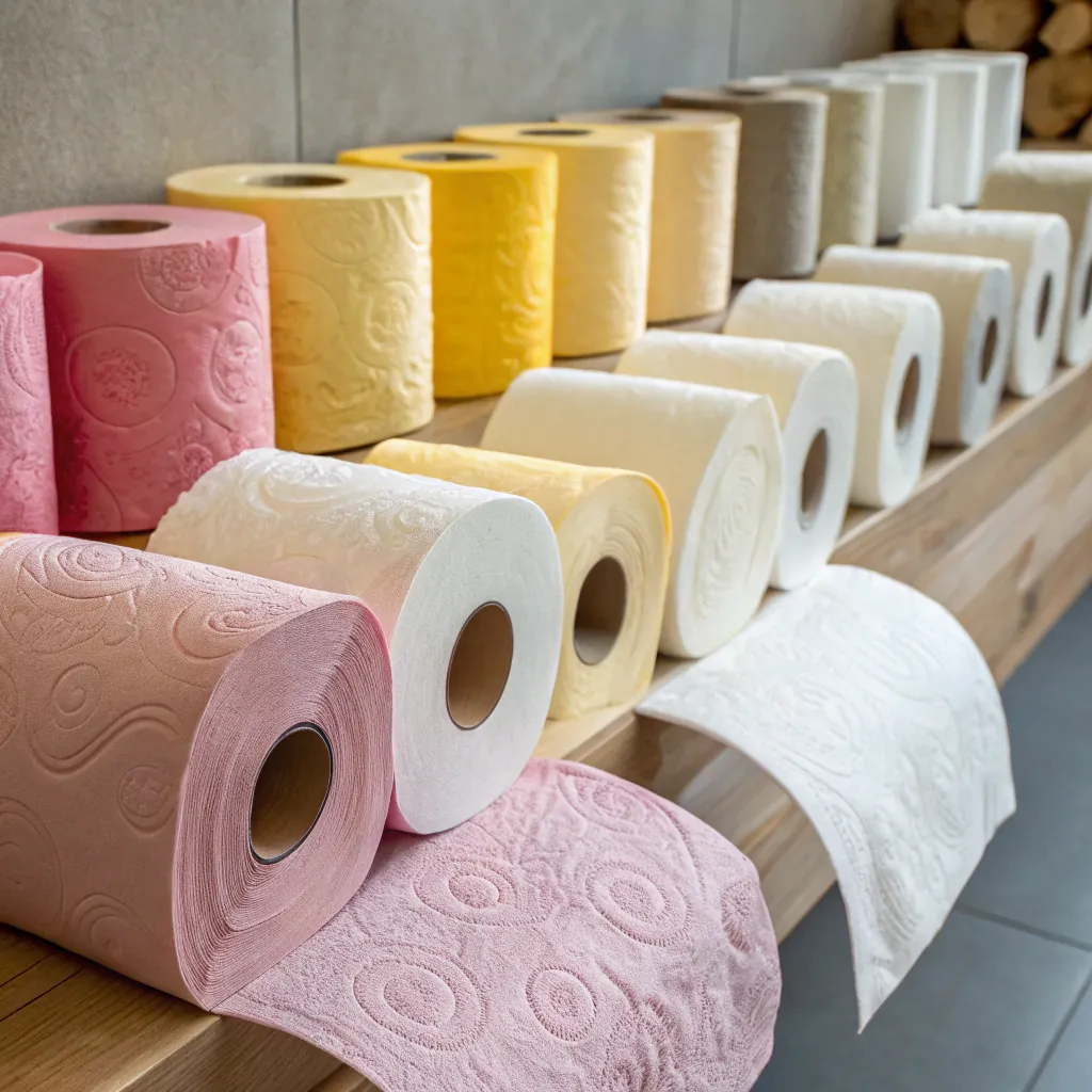 Assorted colorful toilet paper rolls neatly arranged on a wooden shelf, featuring pink, yellow, and white shades with embossed patterns.