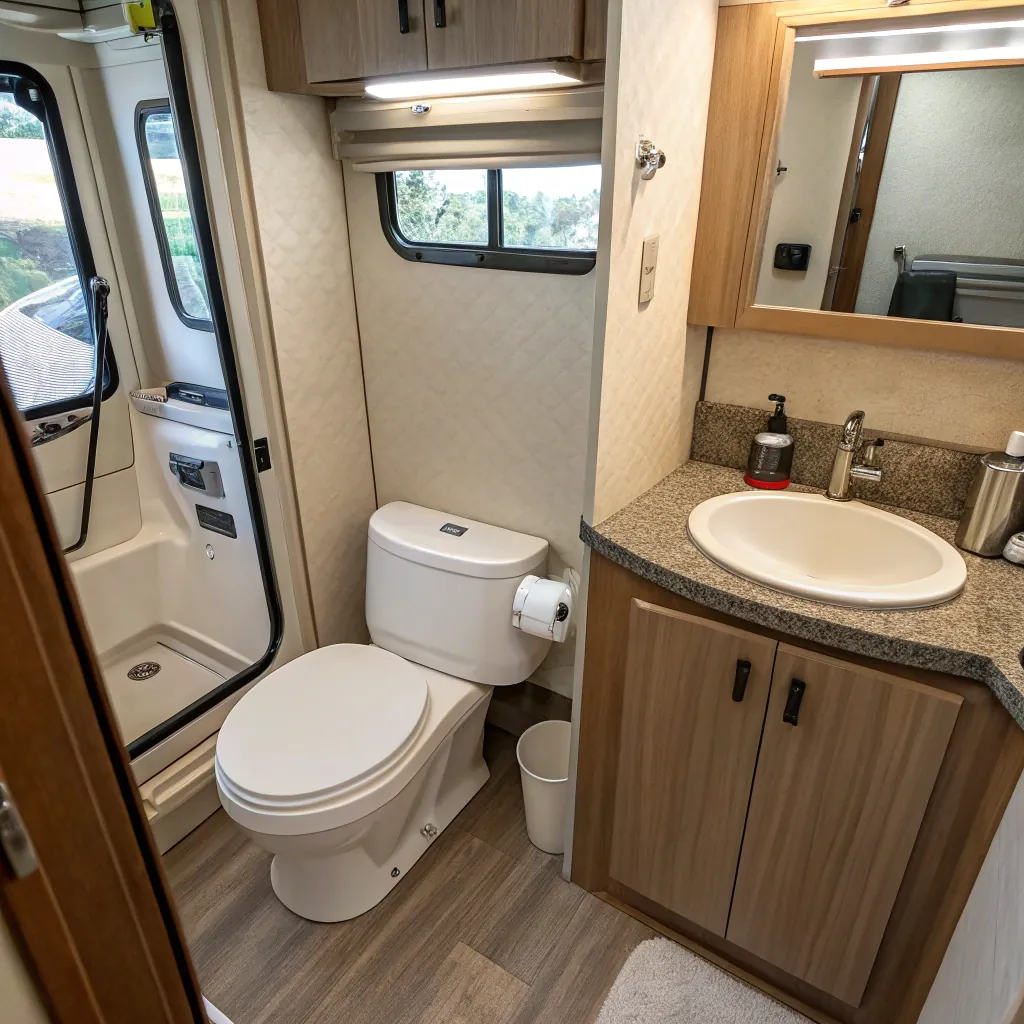 RV bathroom with a shower, toilet, and sink with wooden cabinets, showcasing efficient use of space and modern amenities.