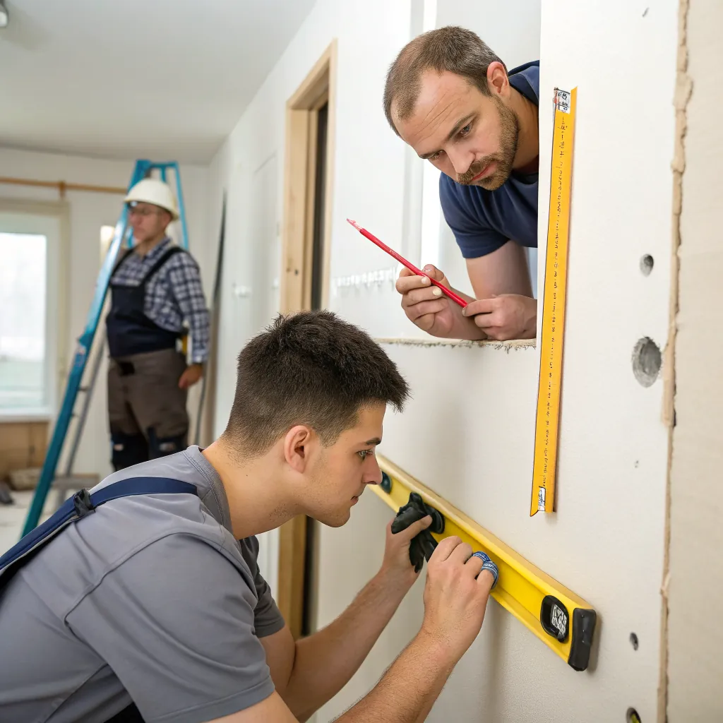 Two construction workers using a level and measuring tools on a wall during renovation