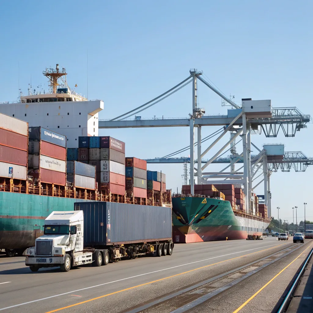 A large container ship is docked at a port with numerous stacked containers. A truck carrying a container drives along the adjacent roadway.