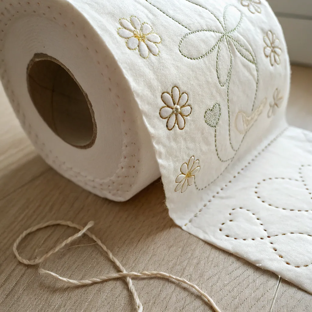 Close-up of a toilet paper roll with floral embroidery patterns, placed on a wooden surface.