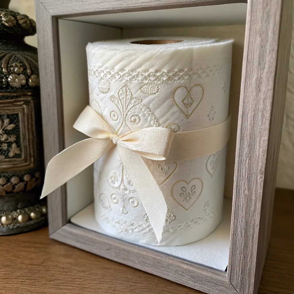 Toilet roll with heart pattern and ribbon in wooden box, placed on a wooden surface.
