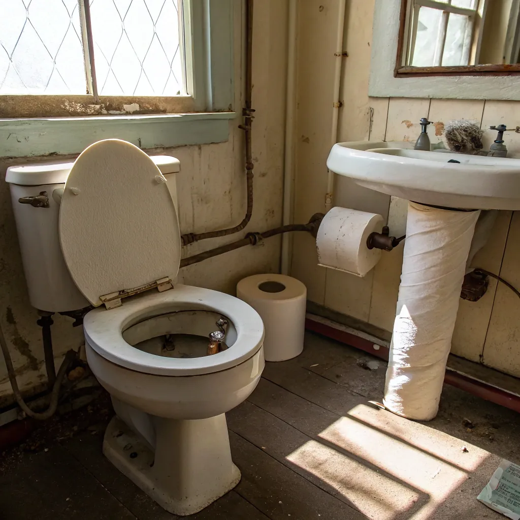 Old bathroom showing a damaged toilet with missing seat, a sink, and toilet paper, in a worn-out setting with peeling paint and exposed pipes.