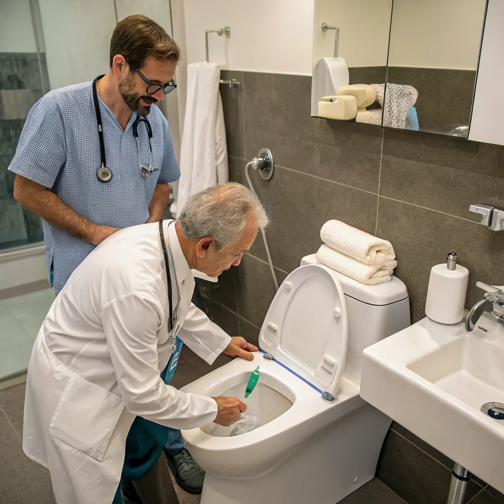 Two medical professionals inspecting a toilet in a modern bathroom, one cleaning with a brush.
