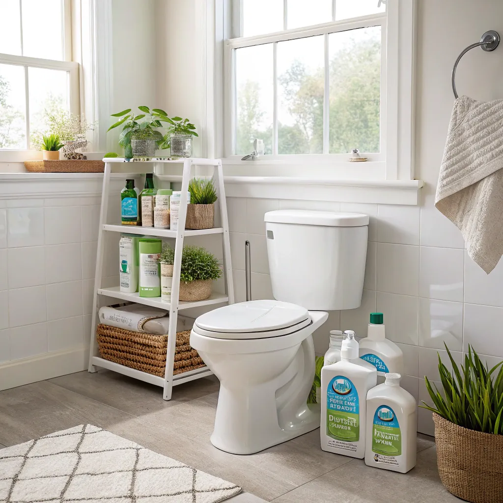 A white bathroom with a toilet, a ladder shelf with plants and eco-friendly products, a towel on a ring, and plant-based containers on the floor.