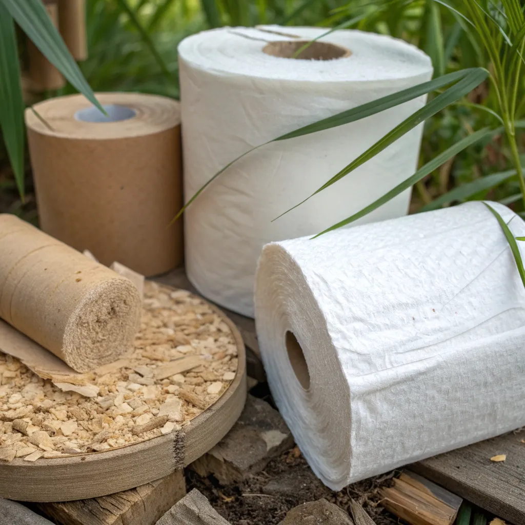 Assorted eco-friendly toilet paper rolls and cardboard among green plants, showcasing sustainable materials.
