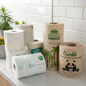 Several rolls of eco-friendly toilet paper with various designs and branding are displayed on a white countertop near green plants.