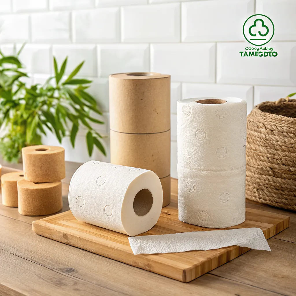 Various eco-friendly toilet paper rolls on a wooden surface with a plant in the background, emphasizing sustainable packaging.