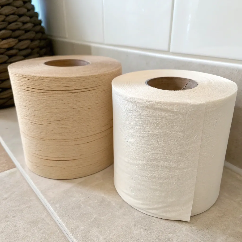 Two rolls of toilet paper, one brown and one white, sit side by side on a tiled counter in a bathroom setting.