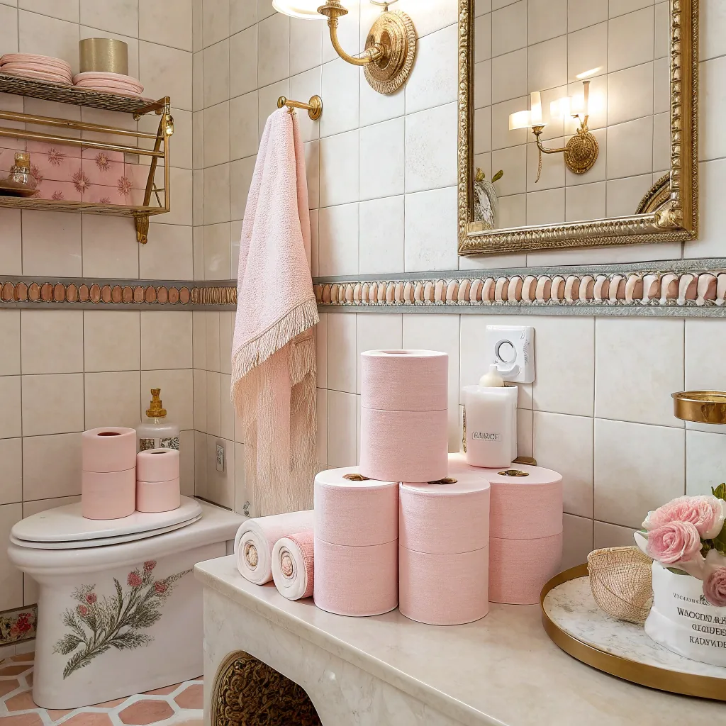 Bathroom with pink toilet paper rolls and towels, gold fixtures, floral decor, and a marble countertop.