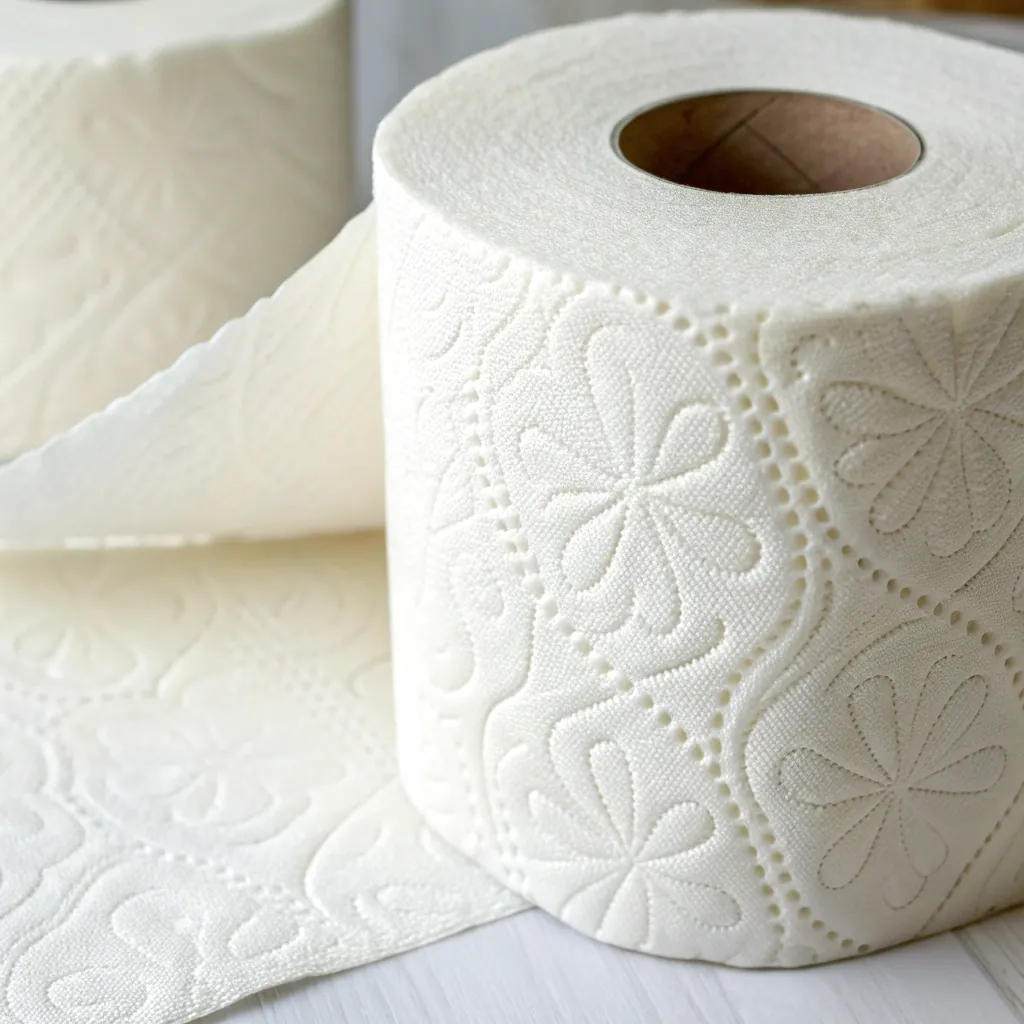 A roll of embossed toilet paper placed on a white surface, showcasing its floral pattern and soft texture.