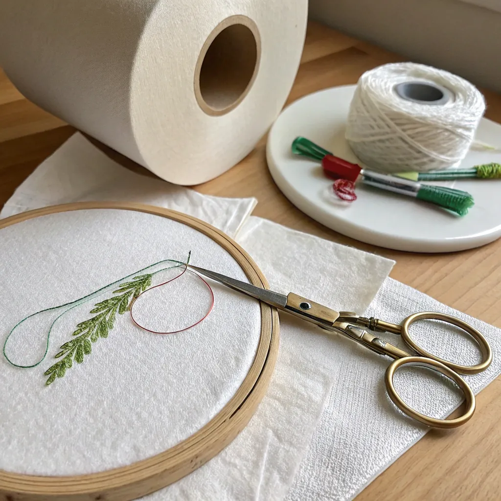 Embroidery hoop with green leaf design, gold scissors, and threads on a wooden table with paper towels and spools.
