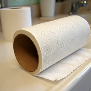 Empty toilet paper roll with embossed pattern lying on a bathroom surface, with a full roll in the background.