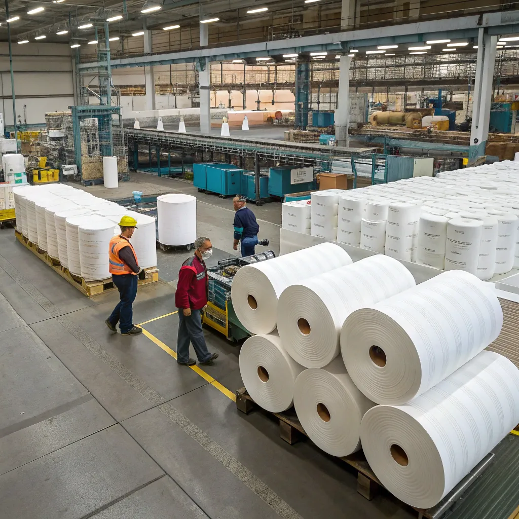 Workers in safety gear inspecting large white paper rolls in an industrial setting, with machinery and stacked rolls in the background.