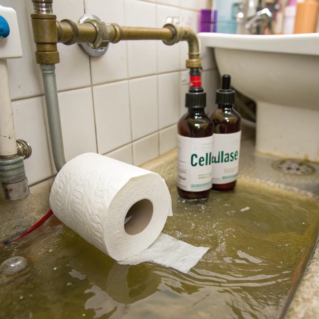 A flooded bathroom sink with water pooling, paper towels, and two bottles labeled 'Cellulase' nearby.