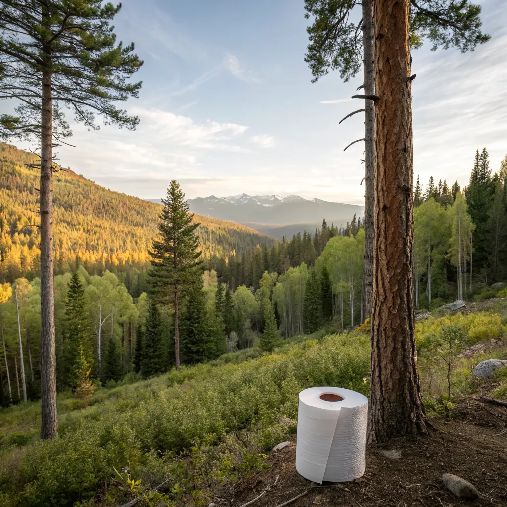 A roll of paper rests against a tree in a lush forest landscape, mountains in the background