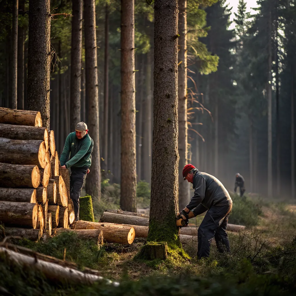 Two workers in a forest cutting trees; one uses a chainsaw, while another stacks logs.