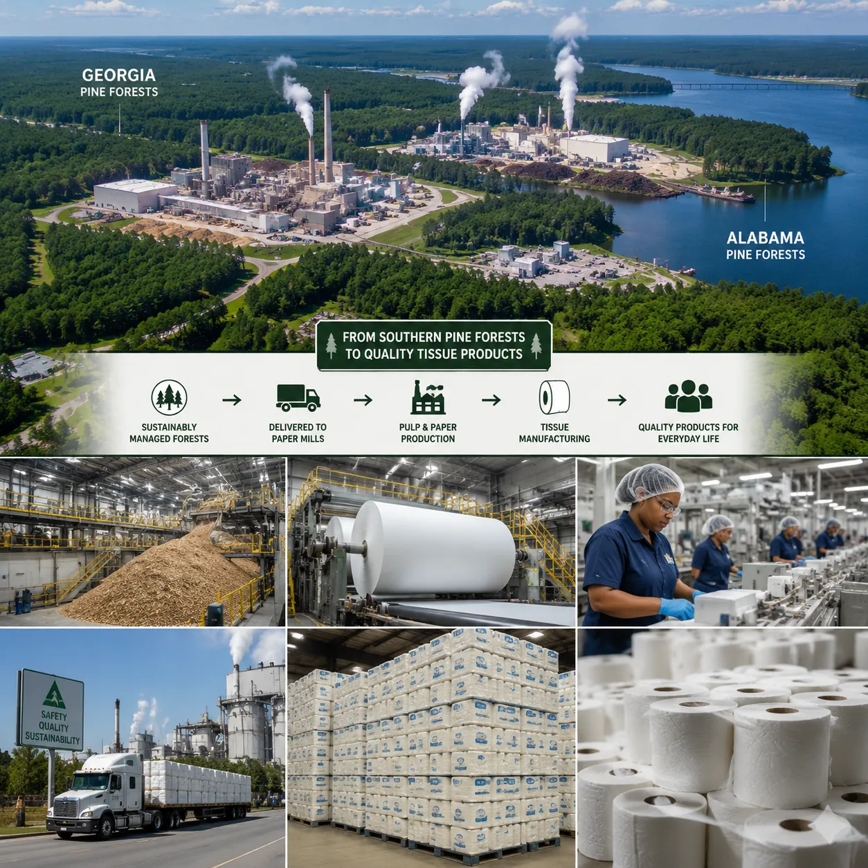 Aerial view of pine forests and a paper mill with production processes for tissue products.