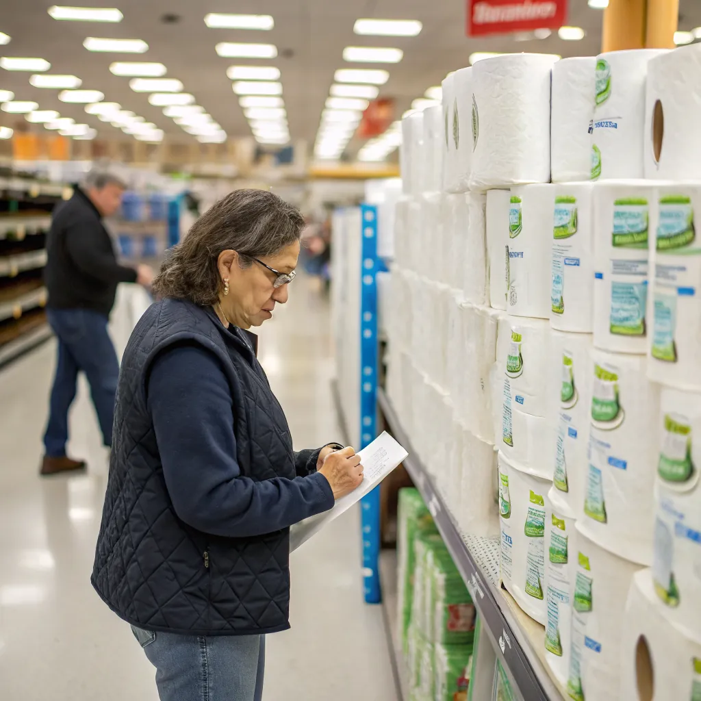 A person in a grocery store aisle writing a shopping list while examining paper towels on shelves.