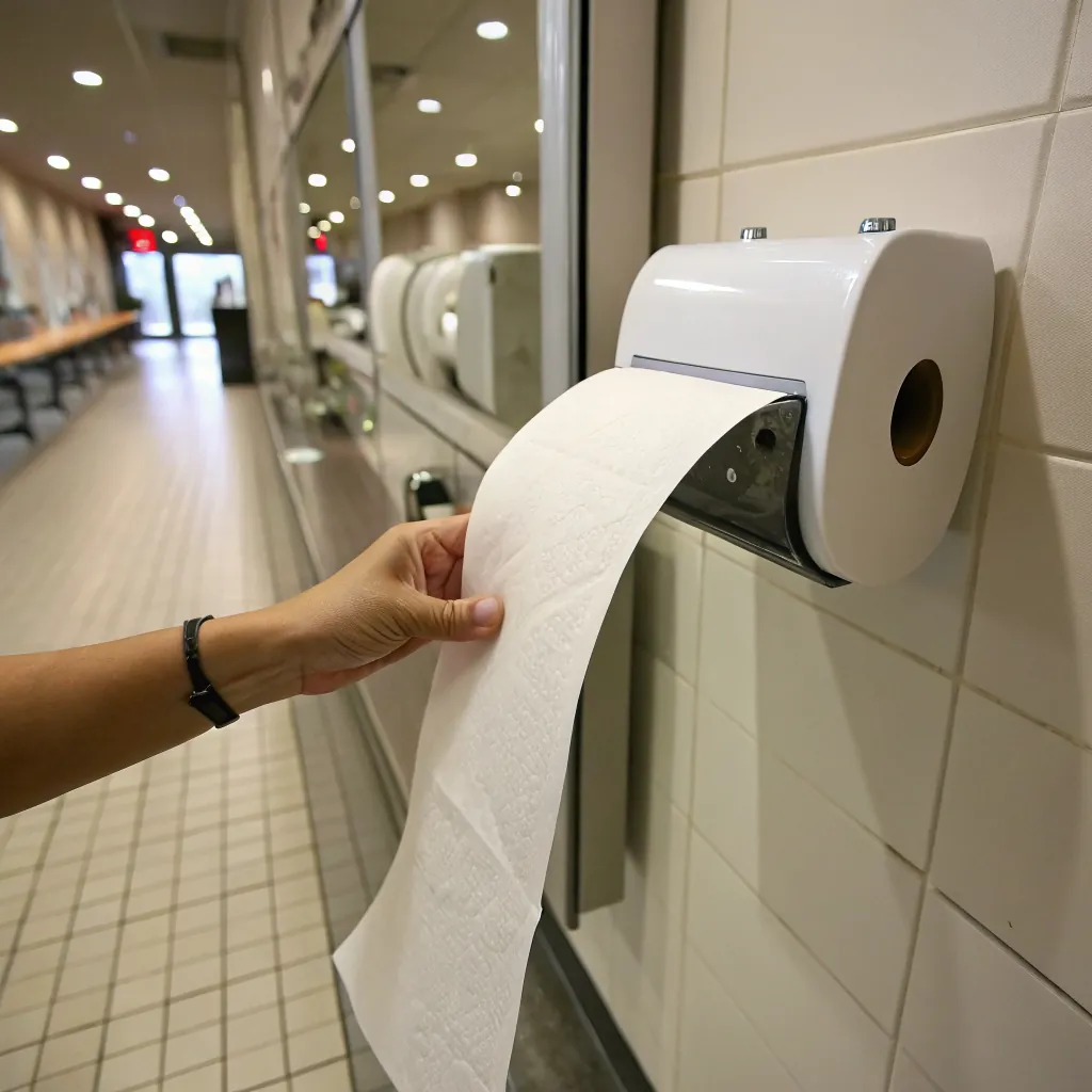 A hand reaching for a paper towel from a dispenser in a restroom, with tiled walls and a clean environment.