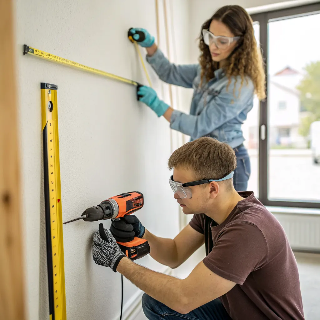 A couple measuring and drilling a wall during home renovation, with tools and measuring tape visible.
