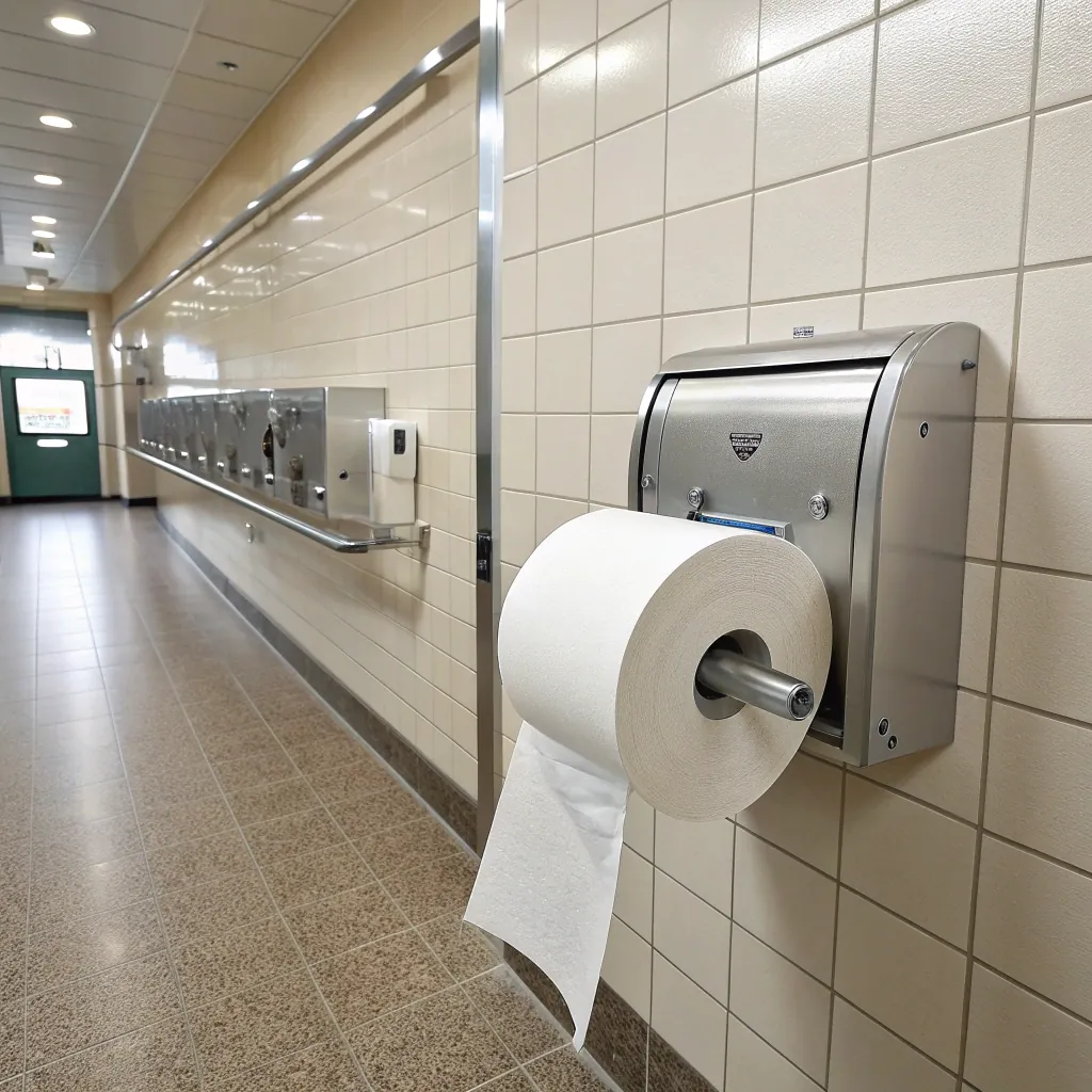 An industrial paper towel dispenser mounted on a tile wall in a hallway, with a long roll of paper towel partially unrolled.
