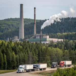 Trucks pass by an industrial plant with tall chimneys emitting smoke, surrounded by a forested landscape.