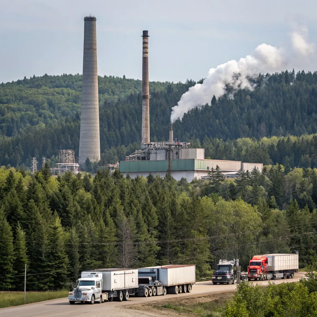 Trucks pass by an industrial plant with tall chimneys emitting smoke, surrounded by a forested landscape.
