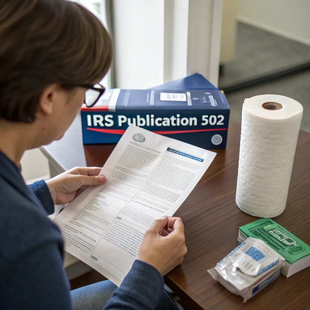 Individual reading IRS Publication 502 with a roll of paper towels and supplies on the table