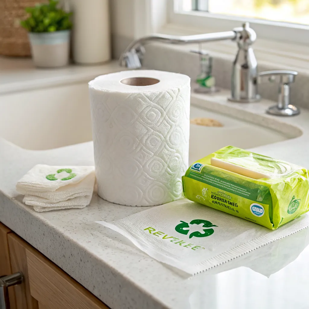 A roll of paper towels, wipes, and napkins on a kitchen counter near a sink