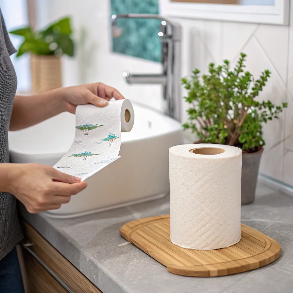A person holds a decorative paper towel roll in a kitchen setting, with a sink and plant nearby.
