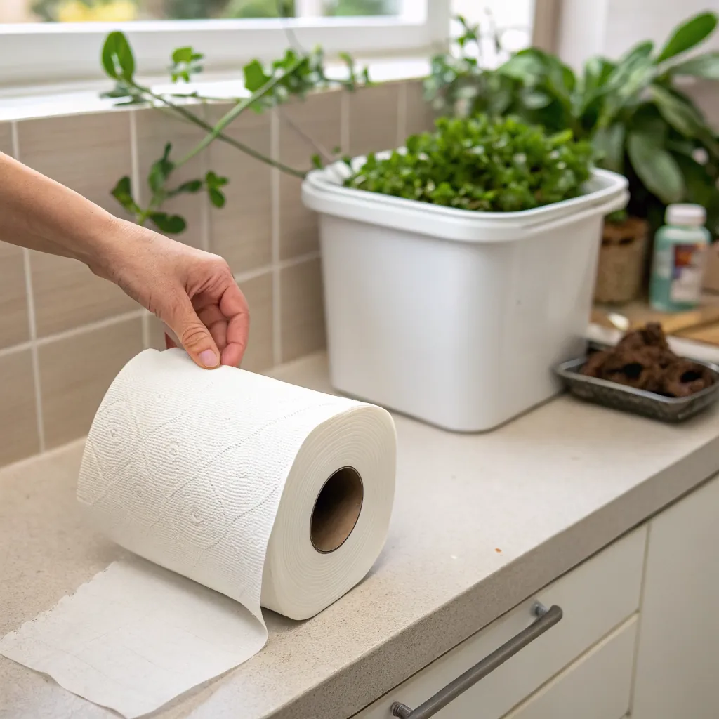 A hand holding a paper towel roll on a kitchen counter with plants