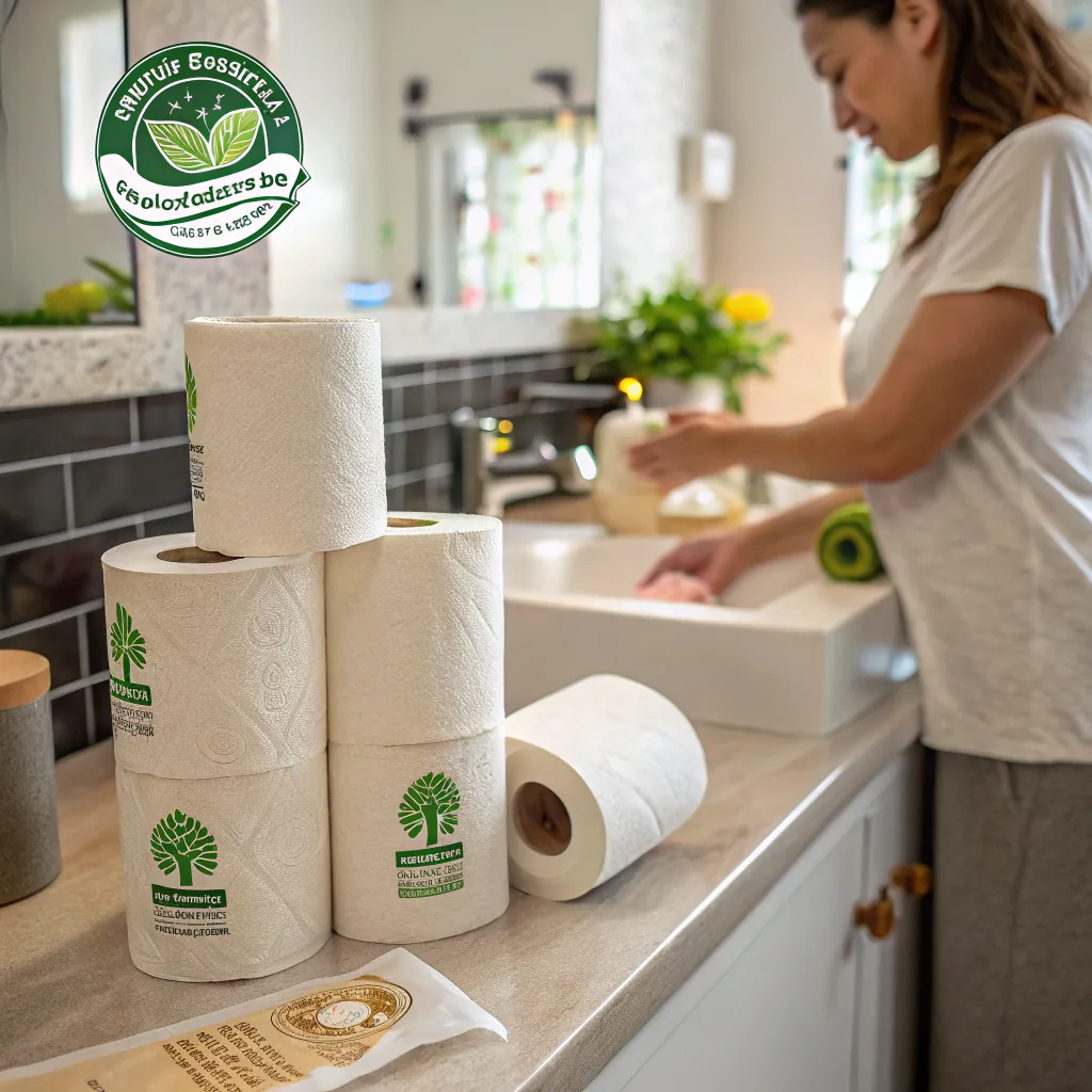 A stack of paper towels on a kitchen counter with a person washing hands in the background.