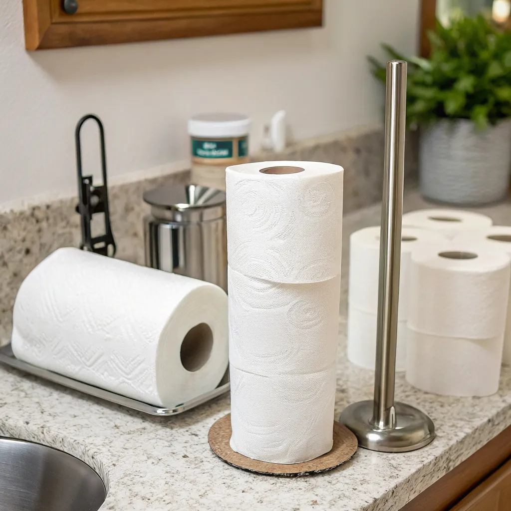 A stack of white paper towels on a countertop with a holder, alongside a roll and other kitchen items.
