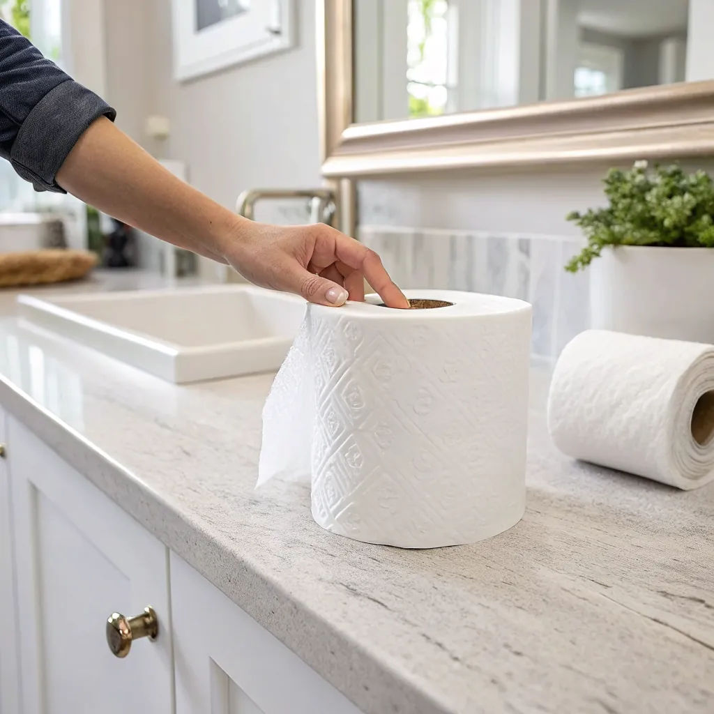 A hand reaching for a roll of paper towels on a kitchen countertop, with a sink and mirror in the background.