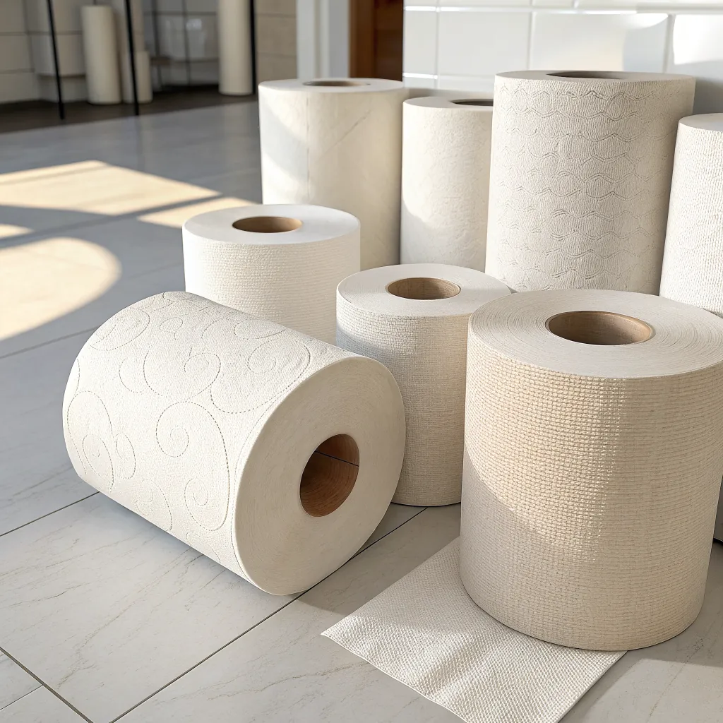 Large industrial paper rolls with varied textures and patterns, brightly lit by sunlight, arranged on a tiled floor.