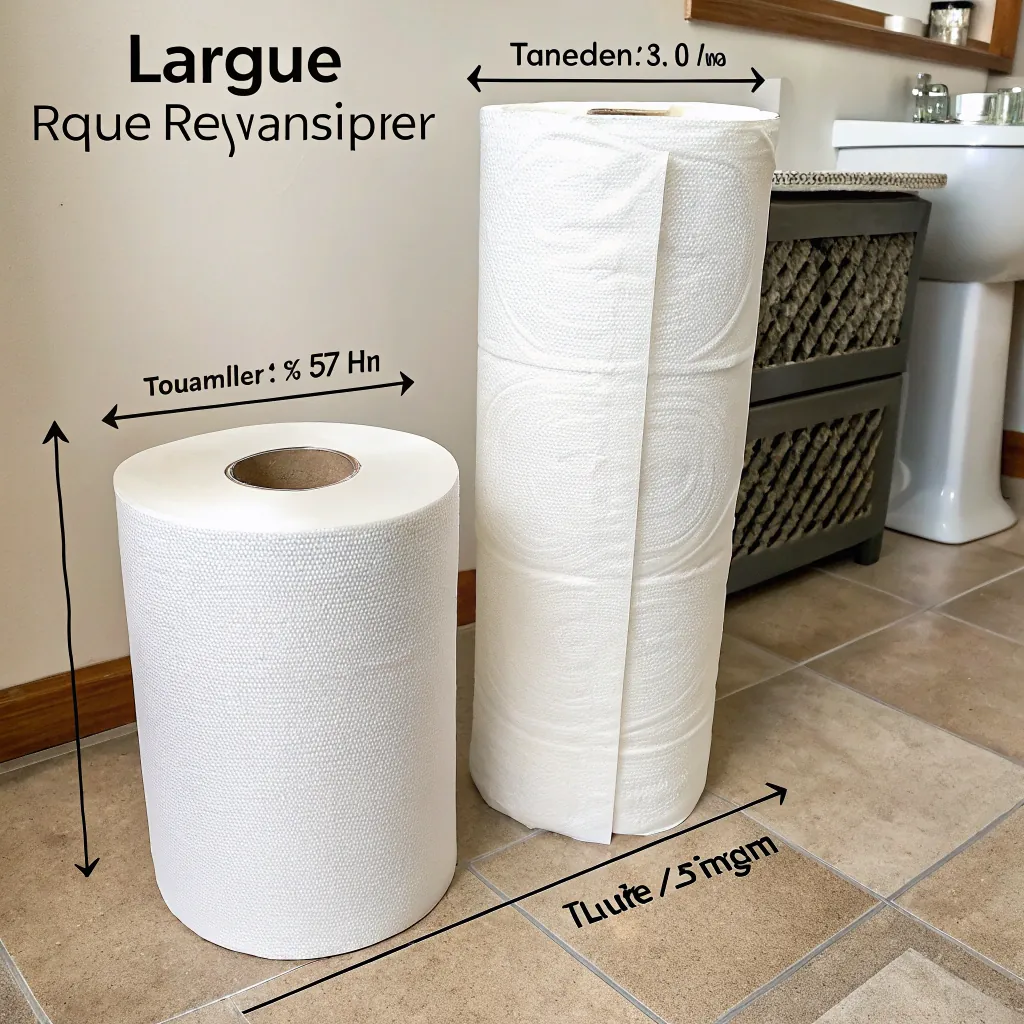 Two large paper towel rolls on a bathroom floor, with dimensions and text indicating their size differences compared to standard towels.