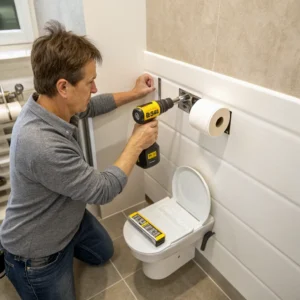 A man using a drill to install a toilet paper holder on a bathroom wall, with a toilet nearby.