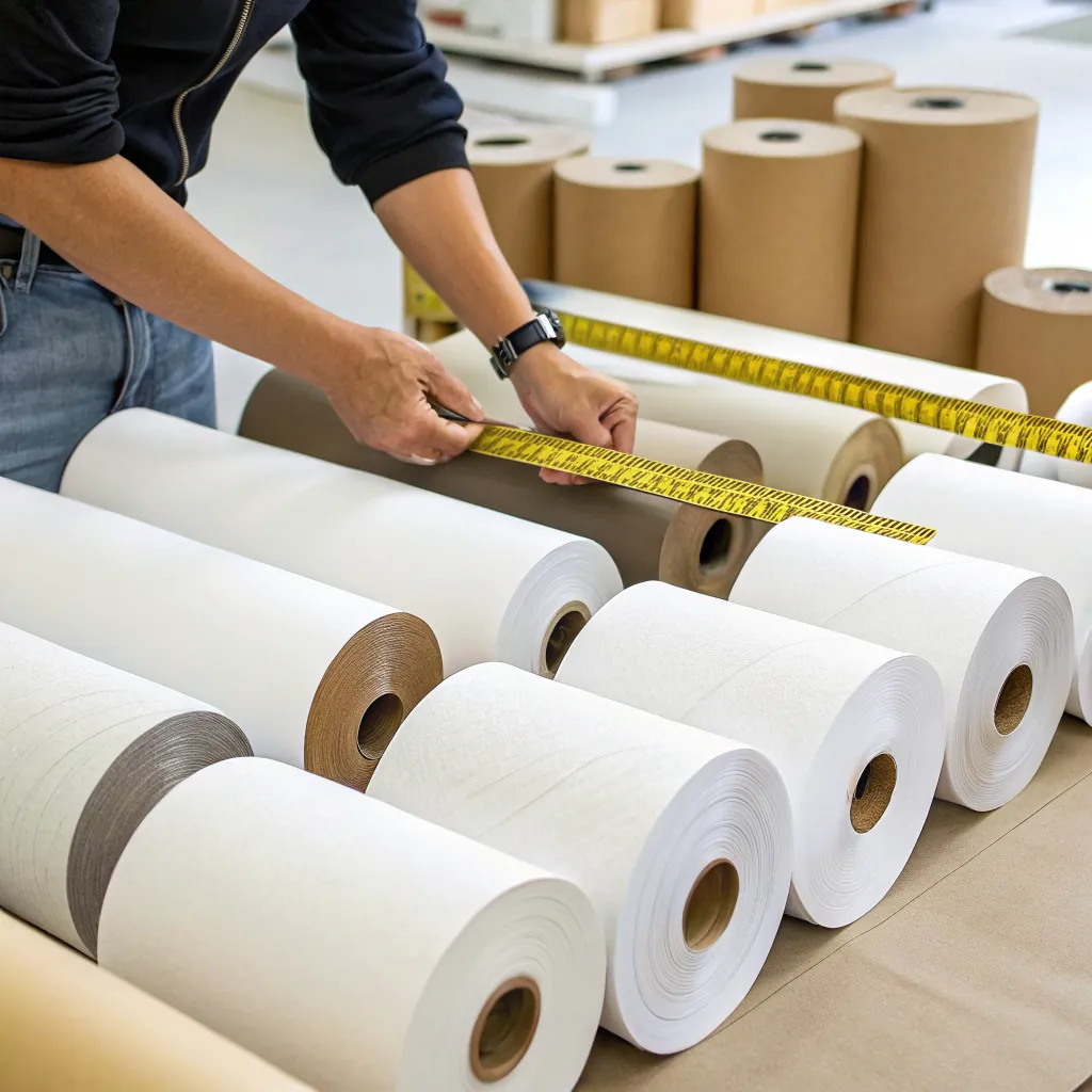 A person measuring various rolls of paper with a tape measure, showcasing different colors and textures.
