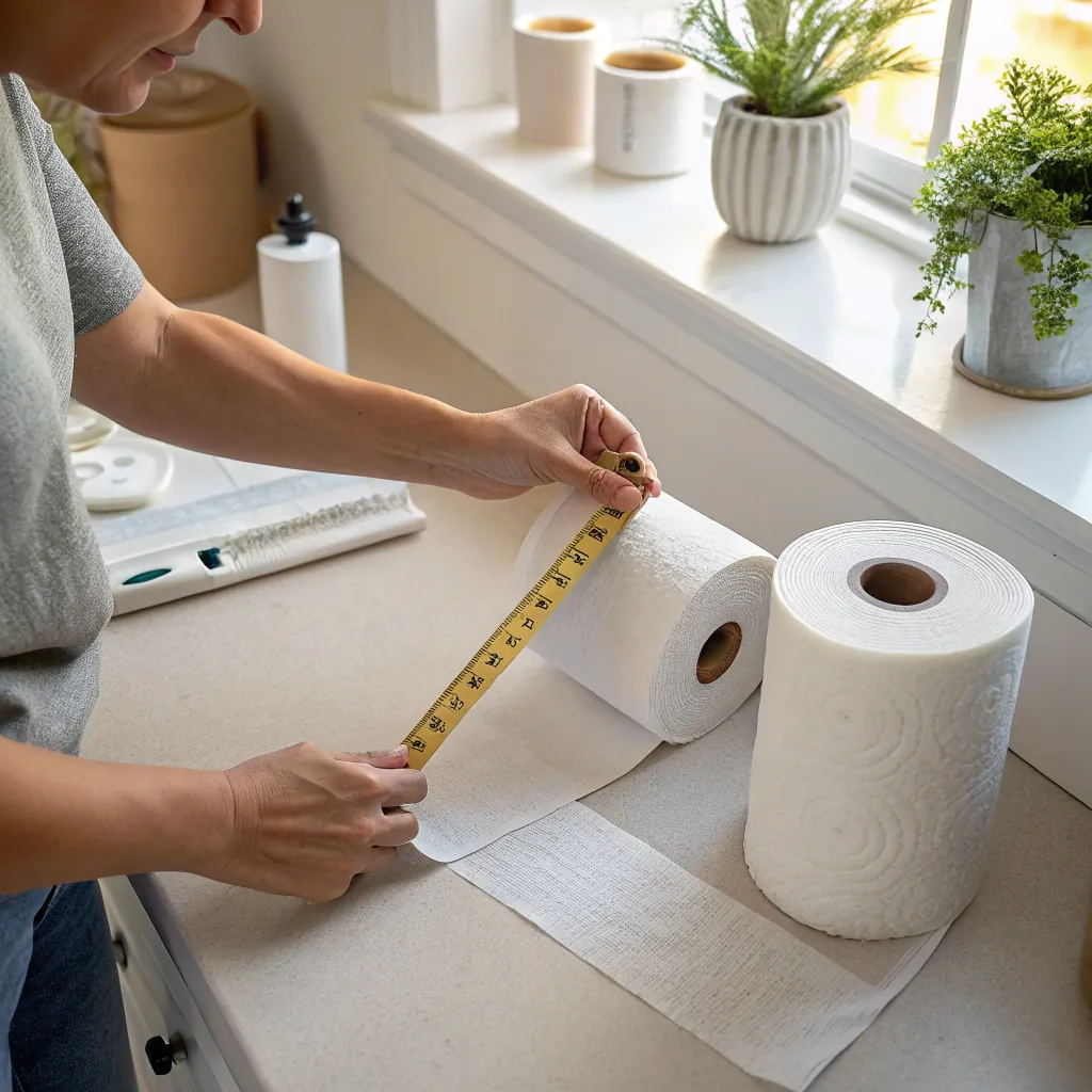 Person measuring the length of a paper towel with a tape measure on a kitchen counter next to window with plants.