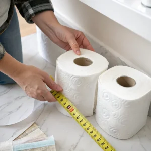 A person measuring two rolls of paper towels using a yellow tape measure on a marble surface.